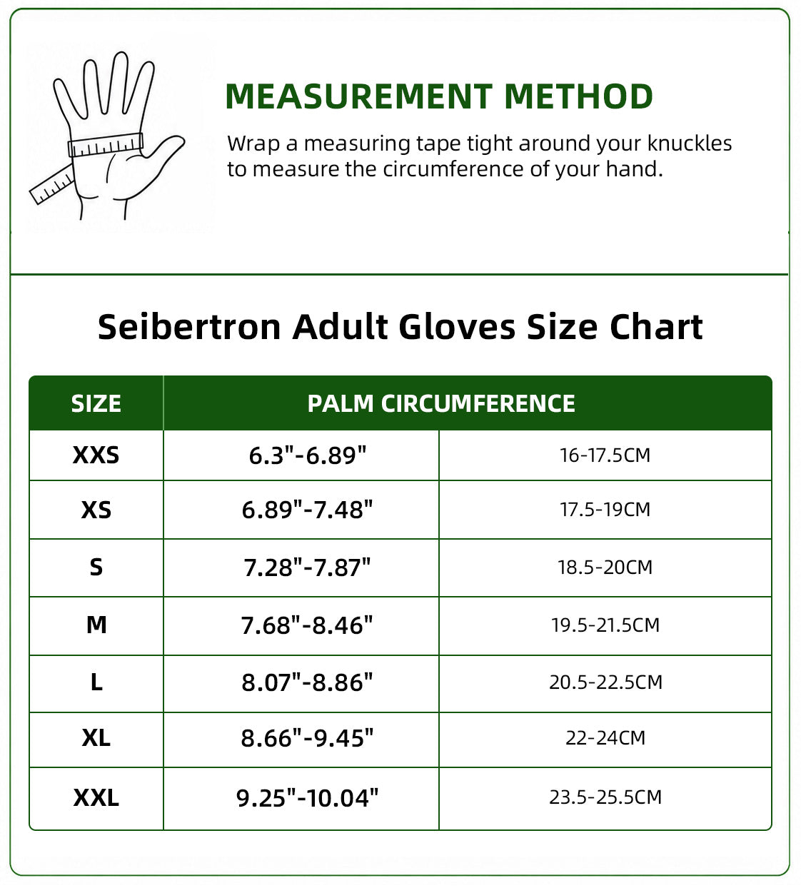 Seibertron half finger tactical gloves size chart