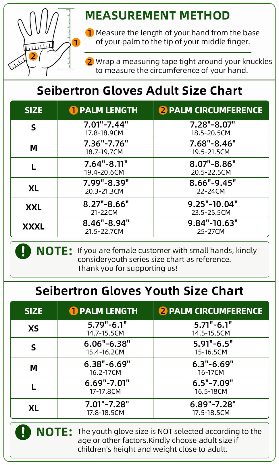 Seibertron SPS-10 full finger adult and youth motorcycle gloves size chart