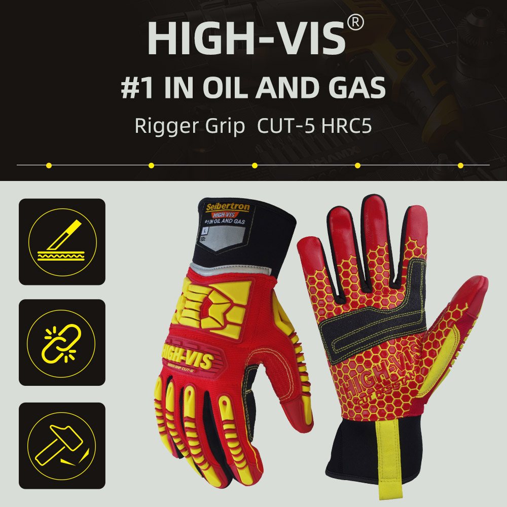 color:all | Seibertron HIGH-VIS HRC5 cut resistant rigger work gloves for oil and gas safety image 01