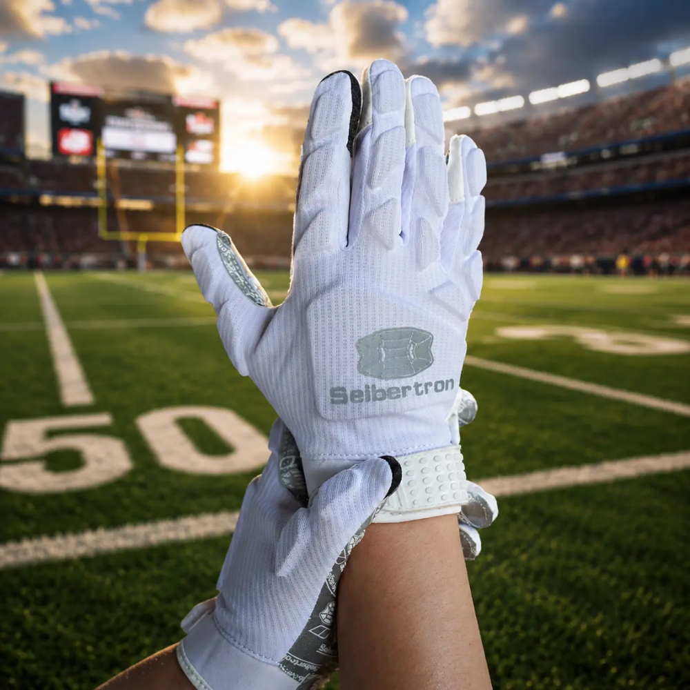 seibertron-gallery:hpirg-hp-series-20260714 | product:8307911884990 | color:White | slot:12 | Seibertron H.P.I.R.G touchscreen football receiver gloves white glove field image