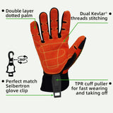 seibertron-gallery:sdx2-safety-gloves-20260714 | product:sdx2 | color:Orange Yellow | slot:4 | Seibertron HIGH-VIS SDX2 safety gloves dotted palm and glove clip detail image