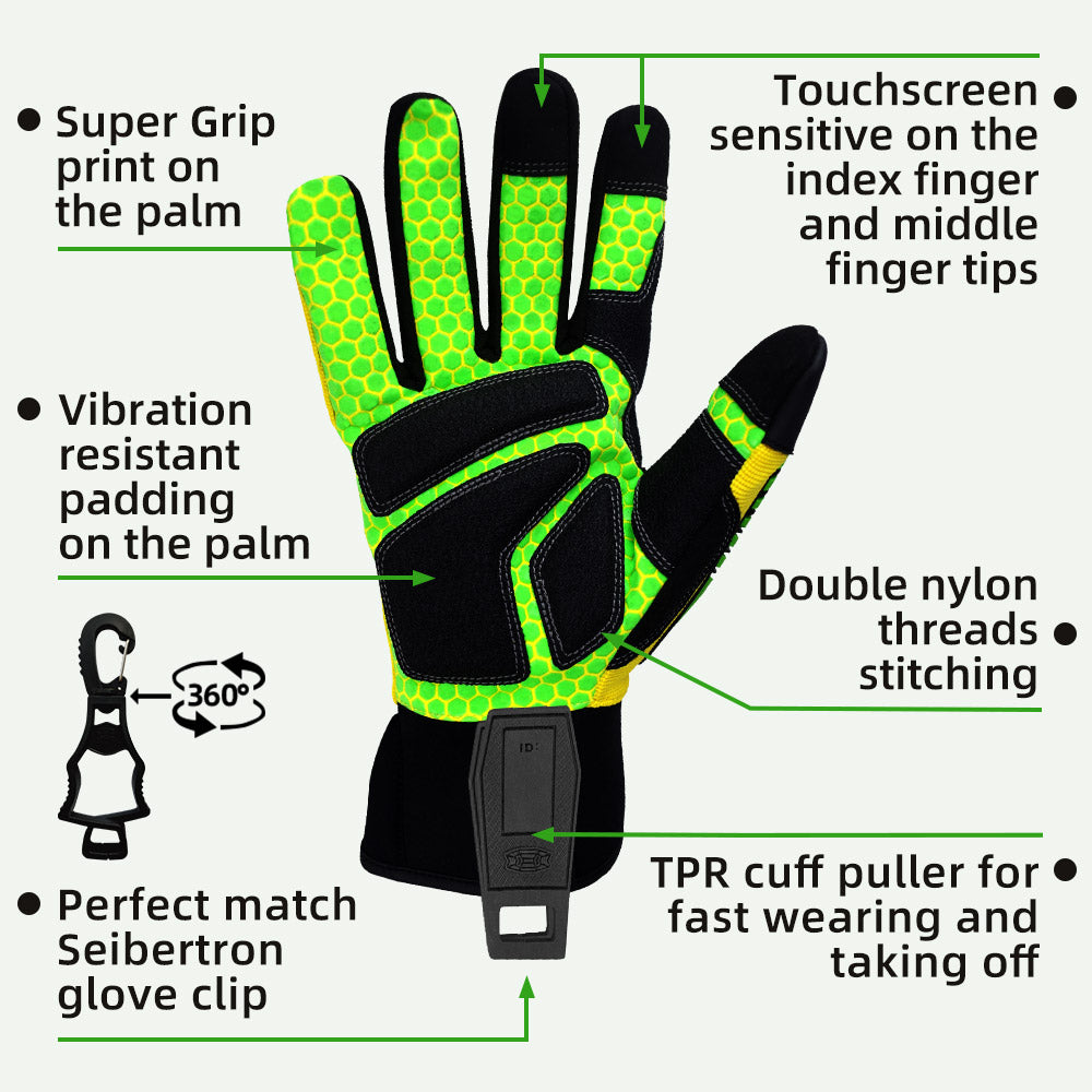 seibertron-gallery:sdxg2-safety-gloves-20260715 | product:sdxg2 | color:Yellow Green | slot:4 | Seibertron HIGH-VIS SDXG2 safety gloves palm and glove clip detail image