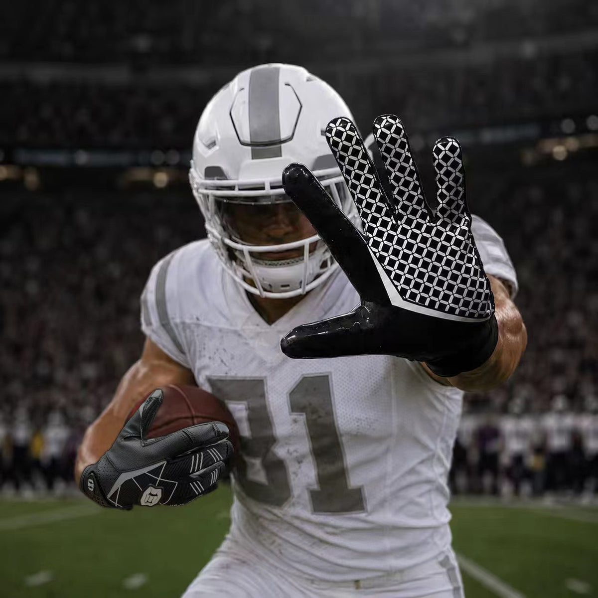seibertron-gallery:white-football-ai-color-groups-20260721 | product:8557666271422 | color:Black | slot:1 | Seibertron adult black football receiver gloves AI action image 1