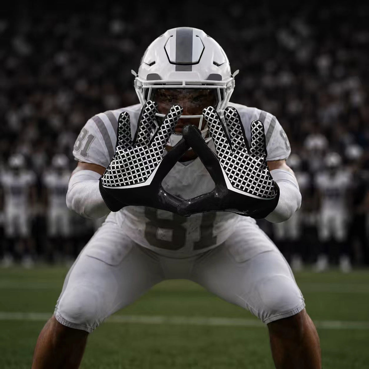 seibertron-gallery:white-football-ai-color-groups-20260721 | product:8557666271422 | color:Black | slot:3 | Seibertron adult black football receiver gloves AI action image 3