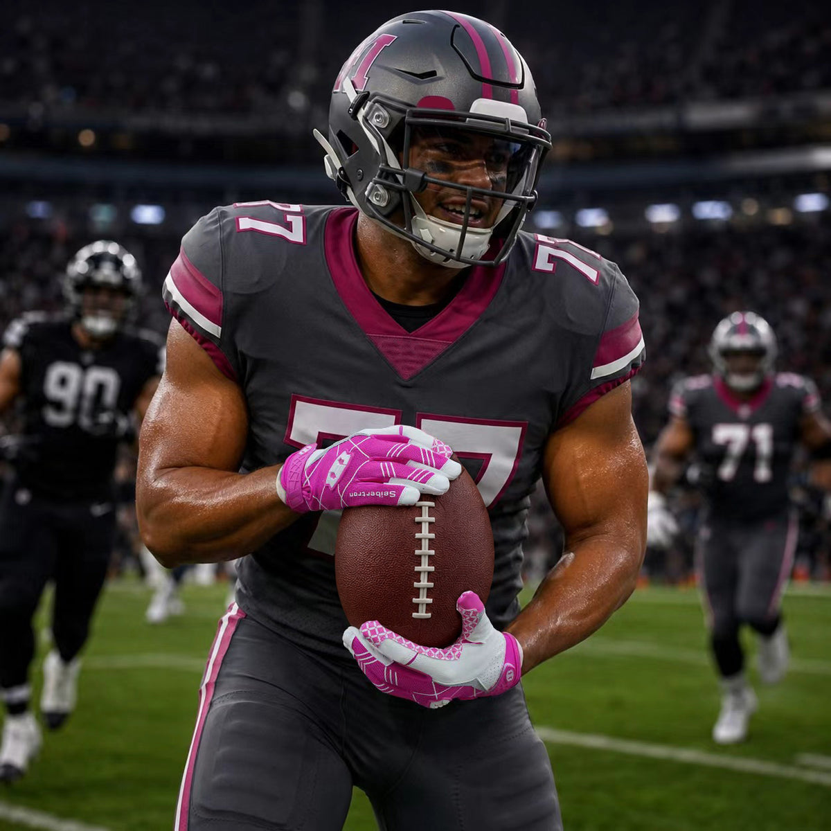 seibertron-gallery:white-football-ai-color-groups-20260721 | product:8557666271422 | color:Pink | slot:1 | Seibertron adult pink football receiver gloves AI action image 1