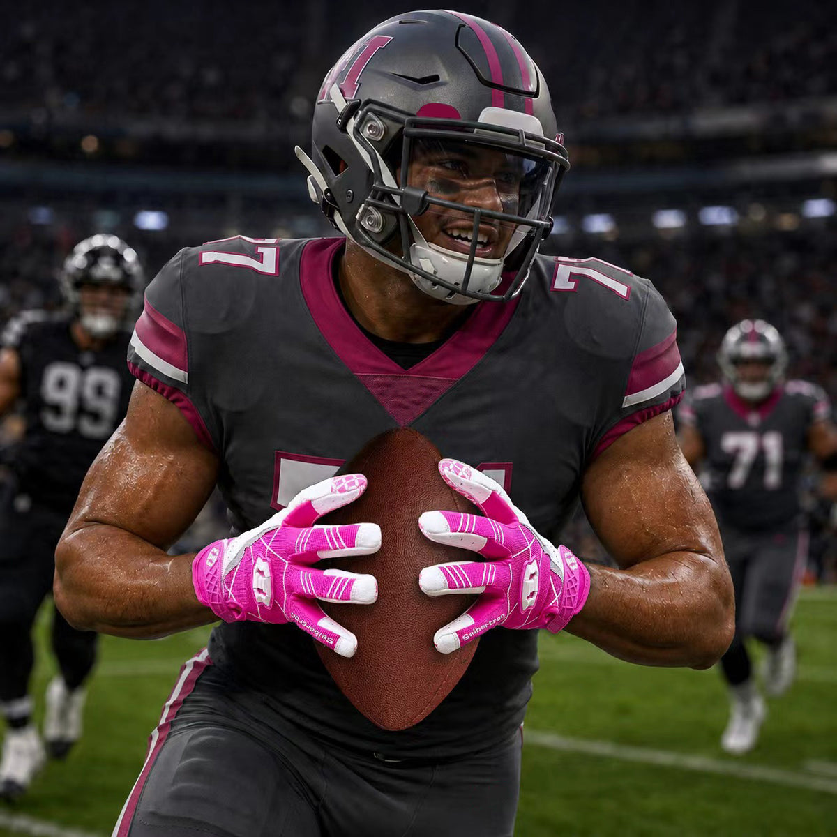 seibertron-gallery:white-football-ai-color-groups-20260721 | product:8557666271422 | color:Pink | slot:2 | Seibertron adult pink football receiver gloves AI action image 2