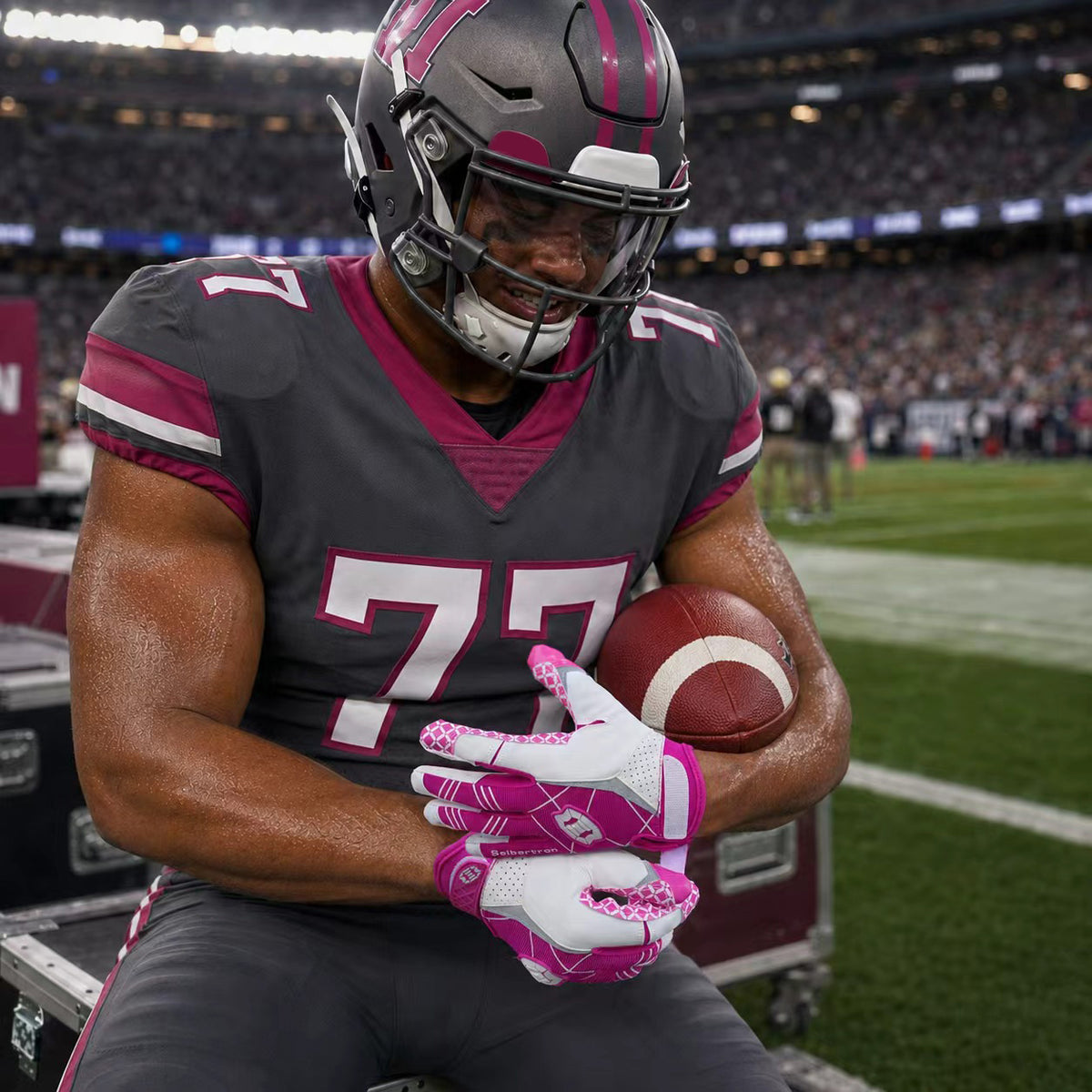 seibertron-gallery:white-football-ai-color-groups-20260721 | product:8557666271422 | color:Pink | slot:3 | Seibertron adult pink football receiver gloves AI action image 3