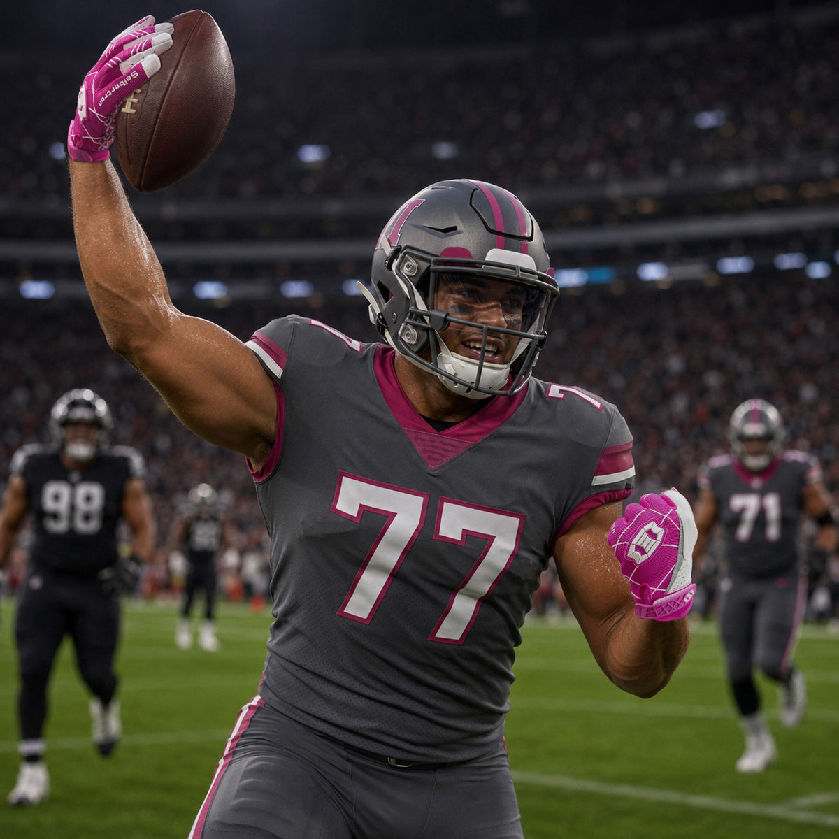 seibertron-gallery:white-football-ai-color-groups-20260721 | product:8557666271422 | color:Pink | slot:4 | Seibertron adult pink football receiver gloves AI action image 4