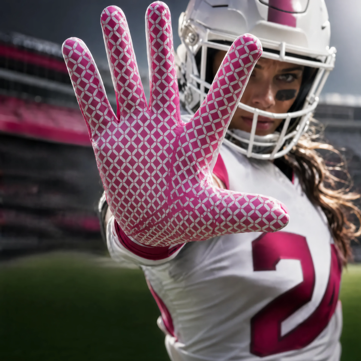 seibertron-gallery:white-football-ai-color-groups-20260721 | product:8557666271422 | color:Pink | slot:5 | Seibertron adult pink football receiver gloves AI action image 5