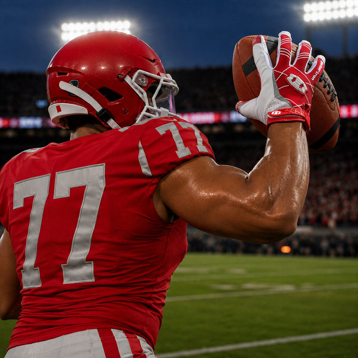 seibertron-gallery:white-football-ai-color-groups-20260721 | product:8557666271422 | color:Red | slot:1 | Seibertron adult red football receiver gloves AI action image 1