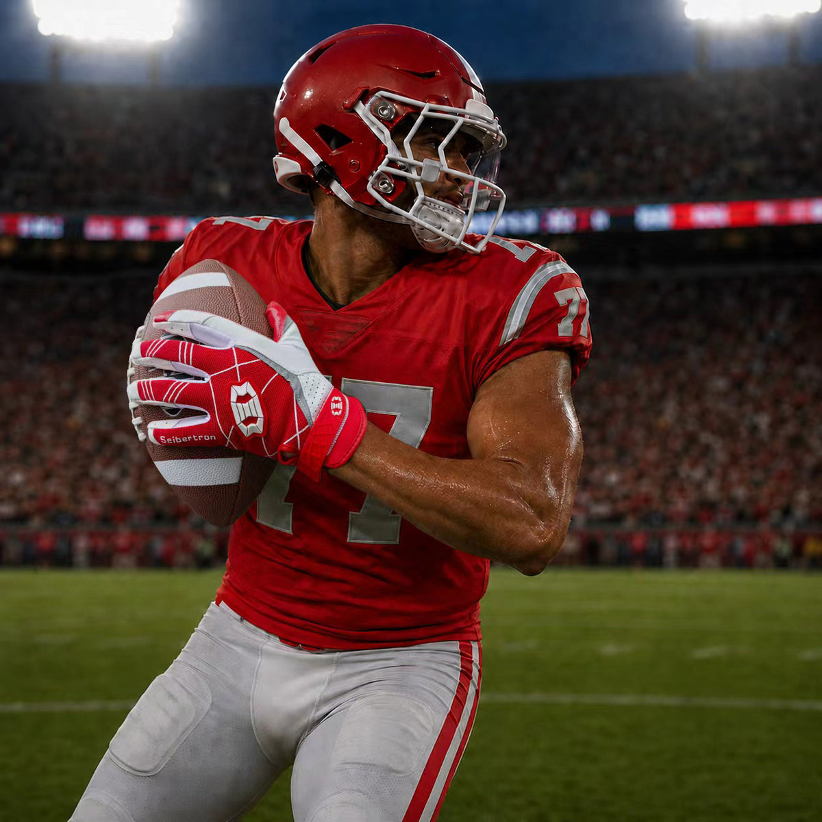 seibertron-gallery:white-football-ai-color-groups-20260721 | product:8557666271422 | color:Red | slot:2 | Seibertron adult red football receiver gloves AI action image 2