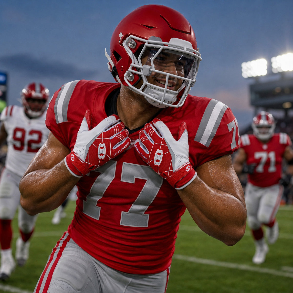 seibertron-gallery:white-football-ai-color-groups-20260721 | product:8557666271422 | color:Red | slot:4 | Seibertron adult red football receiver gloves AI action image 4