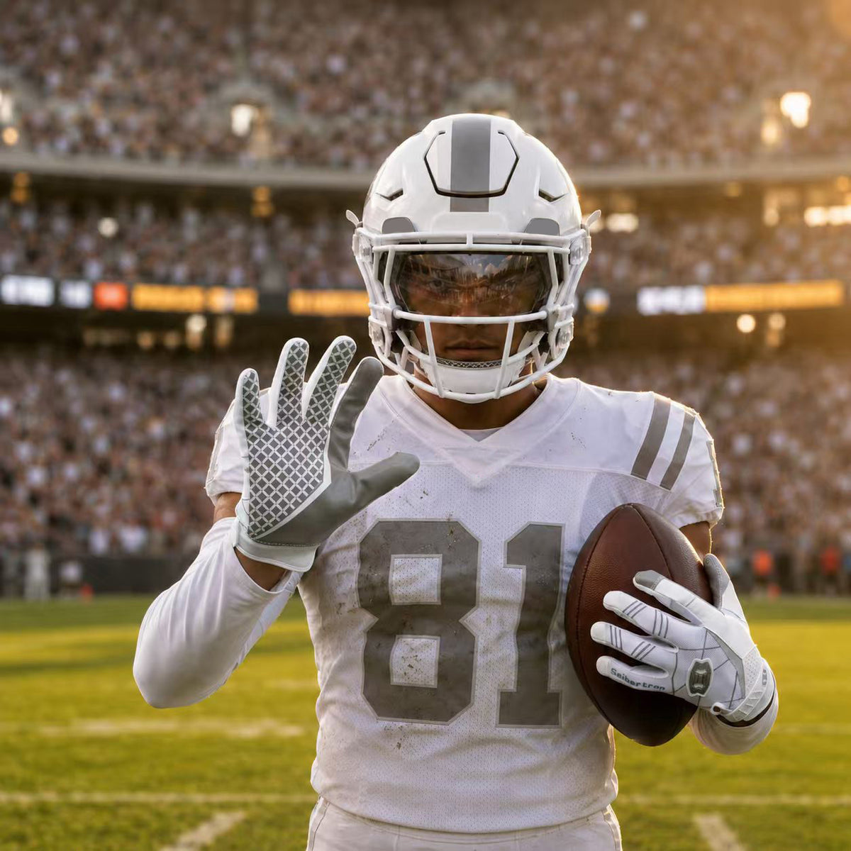 seibertron-gallery:white-football-ai-color-groups-20260721 | product:8557666271422 | color:White | slot:1 | Seibertron adult white football receiver gloves AI action image 1