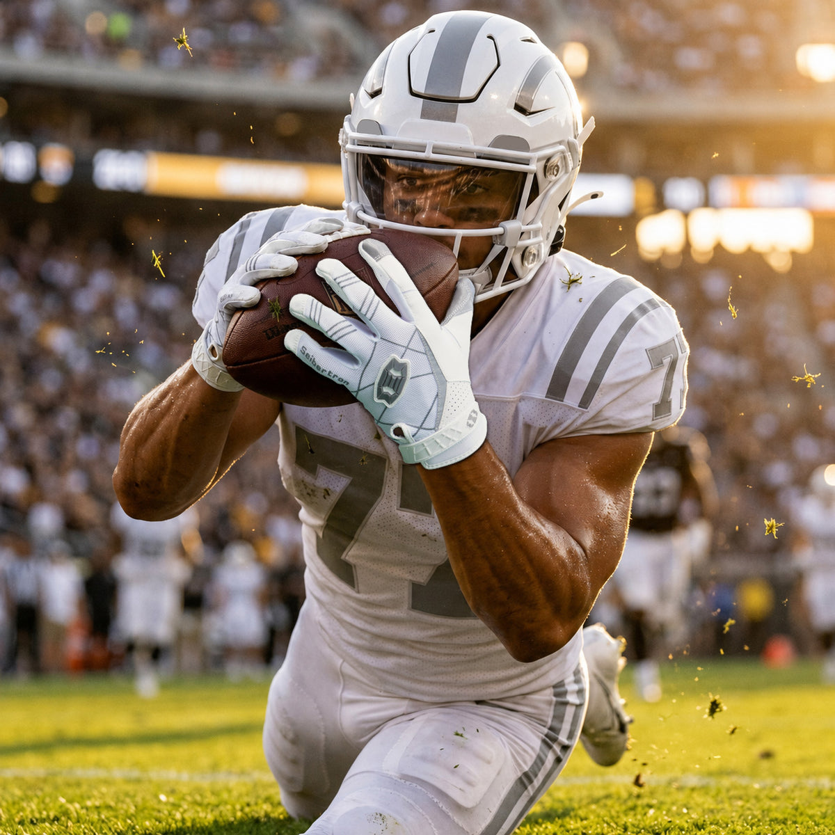 seibertron-gallery:white-football-ai-color-groups-20260721 | product:8557666271422 | color:White | slot:2 | Seibertron adult white football receiver gloves AI action image 2