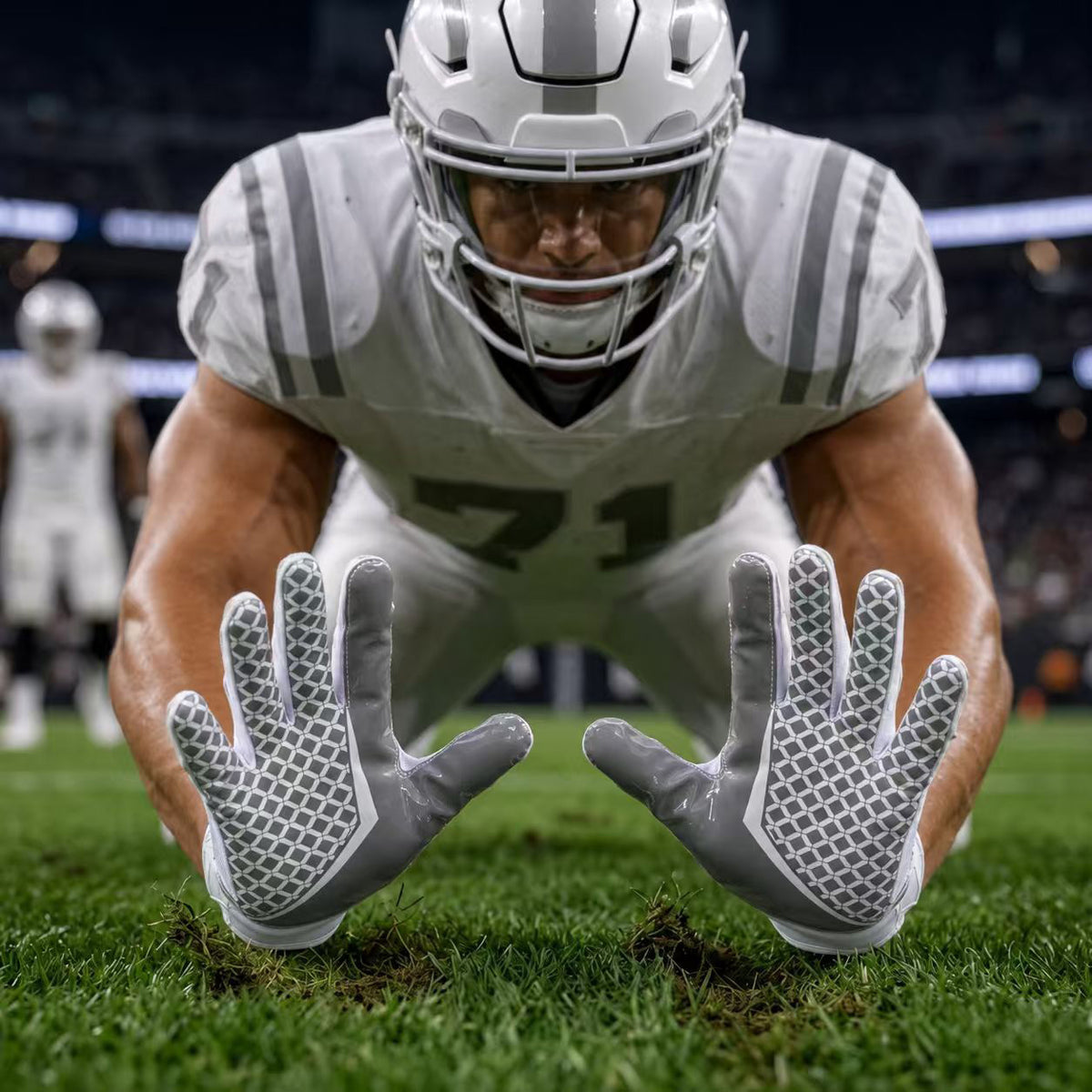seibertron-gallery:white-football-ai-color-groups-20260721 | product:8557666271422 | color:White | slot:3 | Seibertron adult white football receiver gloves AI action image 3