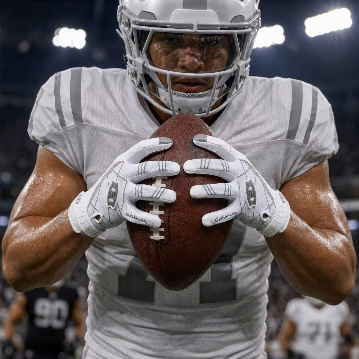 seibertron-gallery:white-football-ai-color-groups-20260721 | product:8557666271422 | color:White | slot:5 | Seibertron adult white football receiver gloves AI action image 5