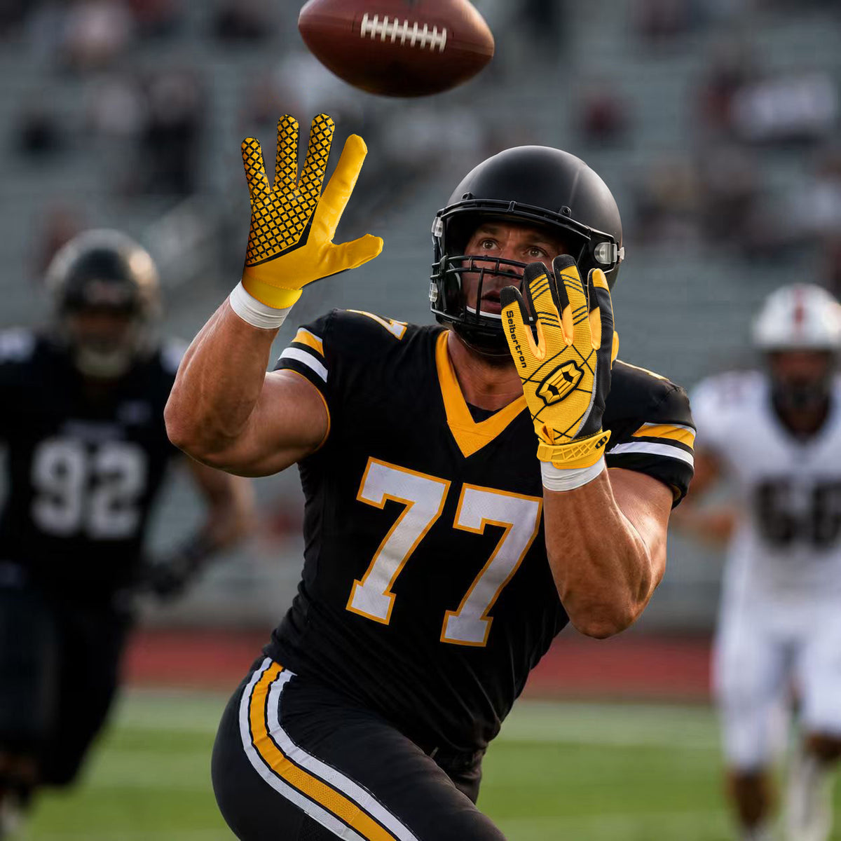 seibertron-gallery:white-football-ai-color-groups-20260721 | product:8557666271422 | color:Yellow | slot:3 | Seibertron adult yellow football receiver gloves AI action image 3