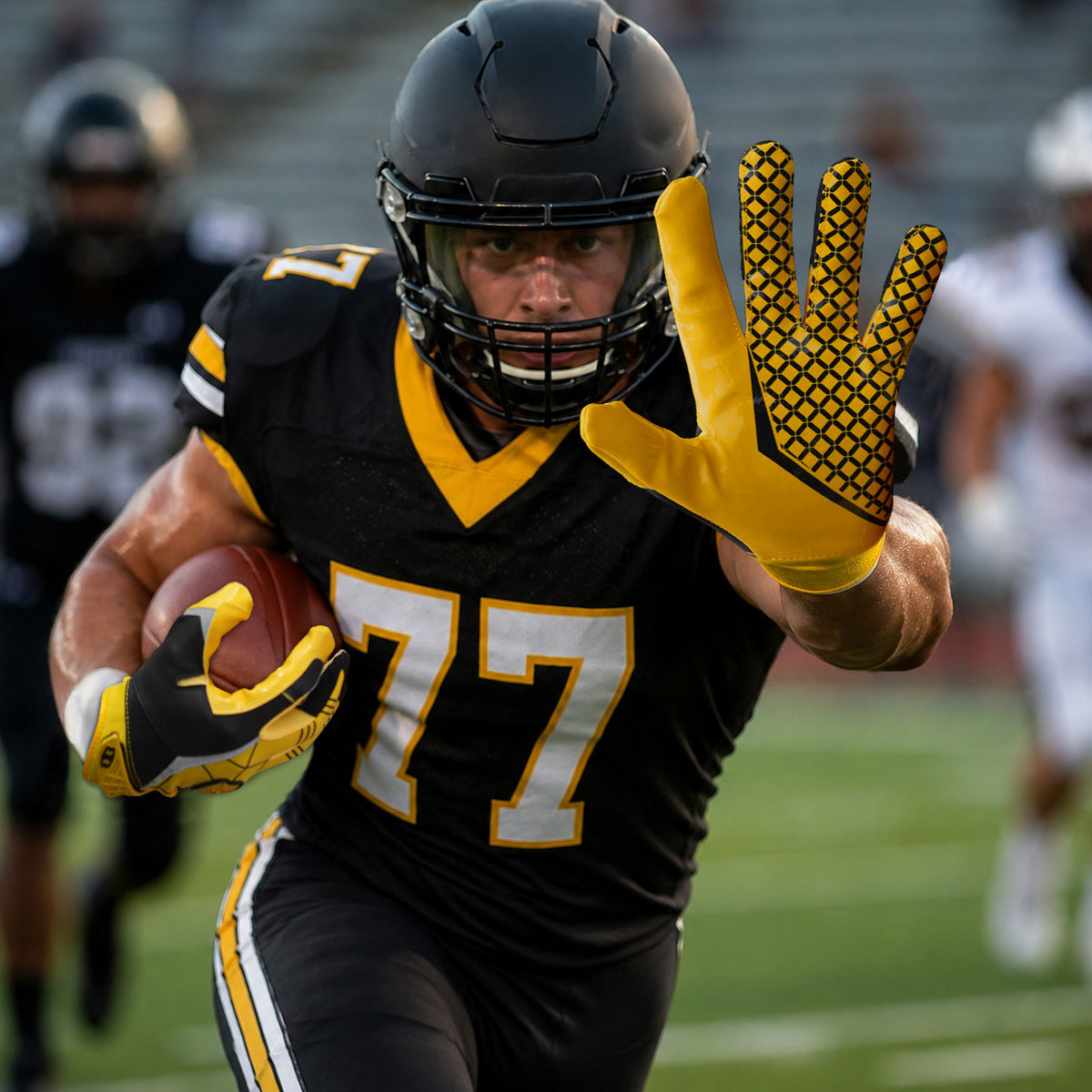 seibertron-gallery:white-football-ai-color-groups-20260721 | product:8557666271422 | color:Yellow | slot:5 | Seibertron adult yellow football receiver gloves AI action image 5