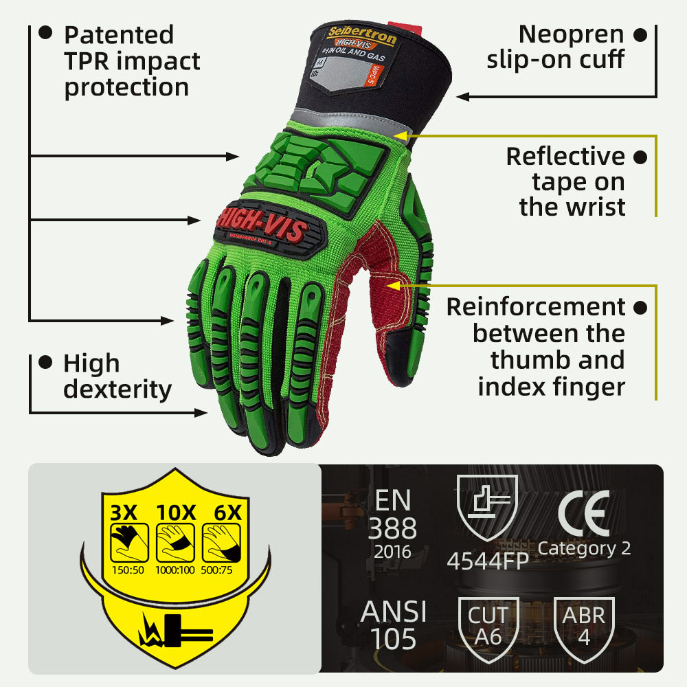 seibertron-gallery:wpc5-safety-gloves-20260715 | product:wpc5 | color:Green Red | slot:3 | Seibertron HIGH-VIS WPC5 safety gloves TPR impact protection and CE ANSI rating detail image