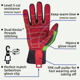 seibertron-gallery:wpc5-safety-gloves-20260715 | product:wpc5 | color:Green Red | slot:4 | Seibertron HIGH-VIS WPC5 safety gloves palm and glove clip detail image