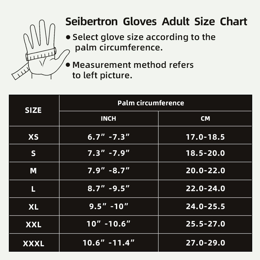 seibertron-gallery:wpc5-safety-gloves-20260715 | product:wpc5 | color:Green Red | slot:7 | Seibertron HIGH-VIS WPC5 safety gloves adult size chart image