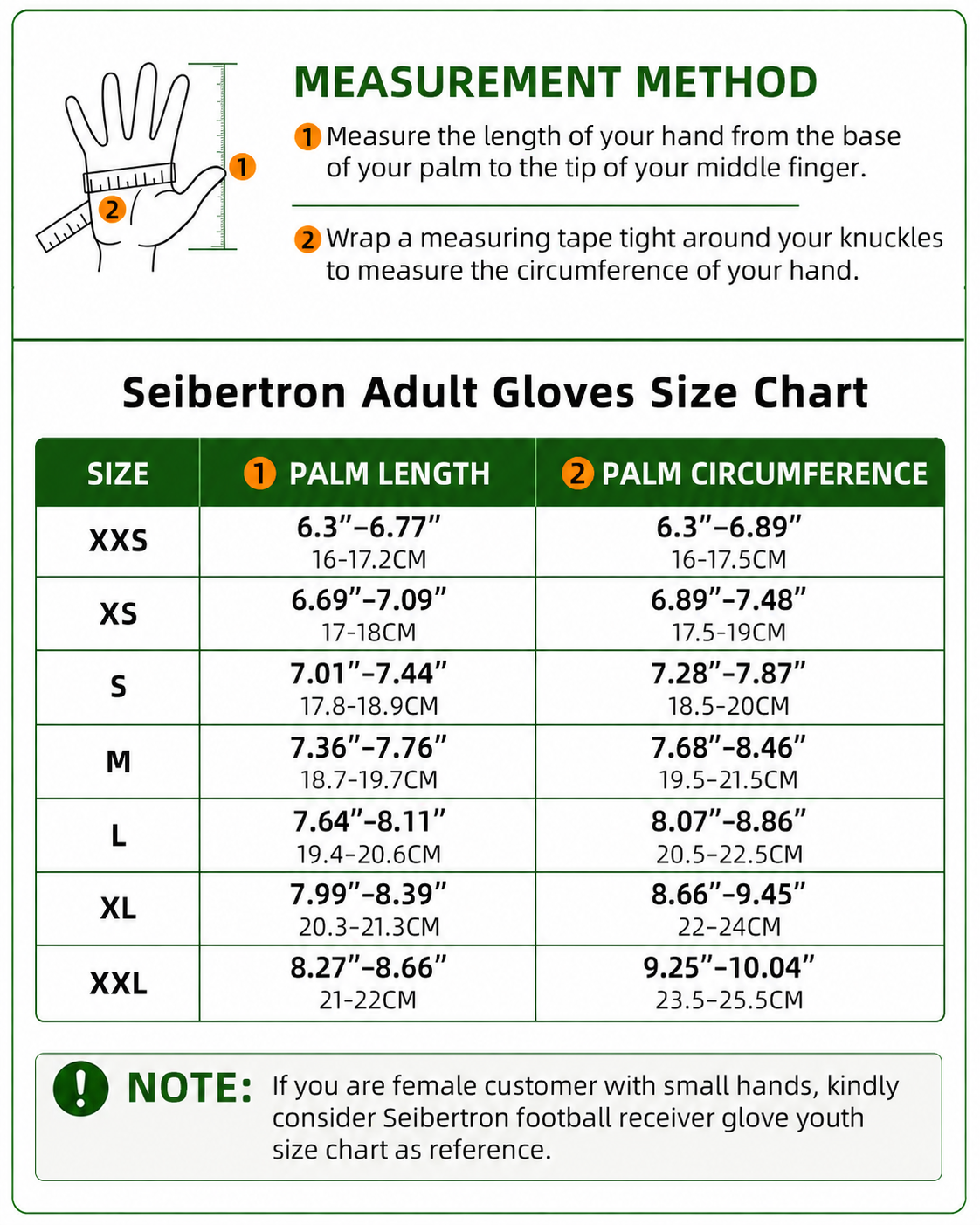 Seibertron T.B.F.I.G tactical long finger adult gloves size chart with hand measurement method